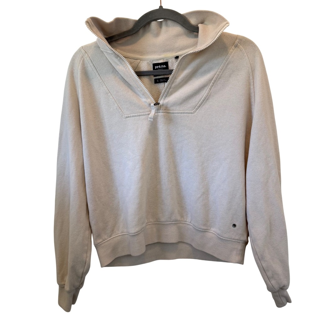 prAna Womens Small Cozy Up Quarter Zip Sweatshirt Hemp TENCEL Fleece Beige